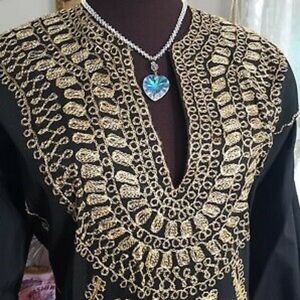Vintage 70's Caftan Dress Gold Metallic Embroidery  Hostess Gown